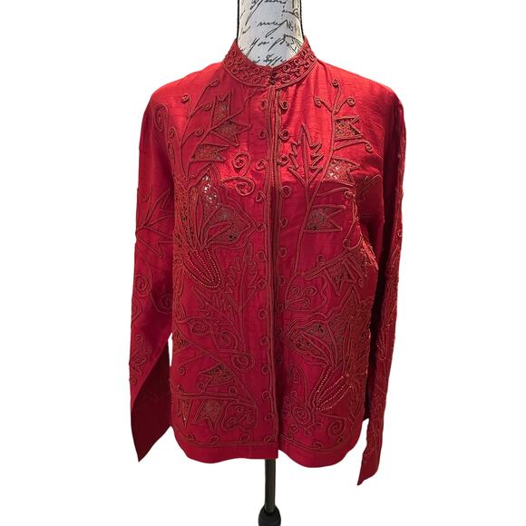Vintage Norm Thompson Ruby Red Silk Embroidered Holiday Festive Jacket Size M - Picture 1 of 9